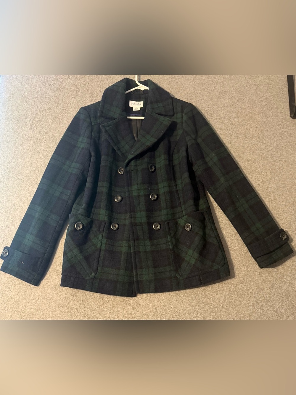 St. John's Bay Black and Dark Green Plaid Peacoat